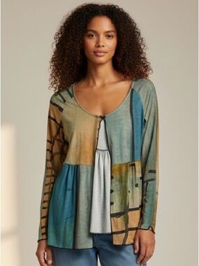 3 Potato Abstract Patchwork Long-Sleeve Women’s Cardigan Top - Teal & Tan Xs/S